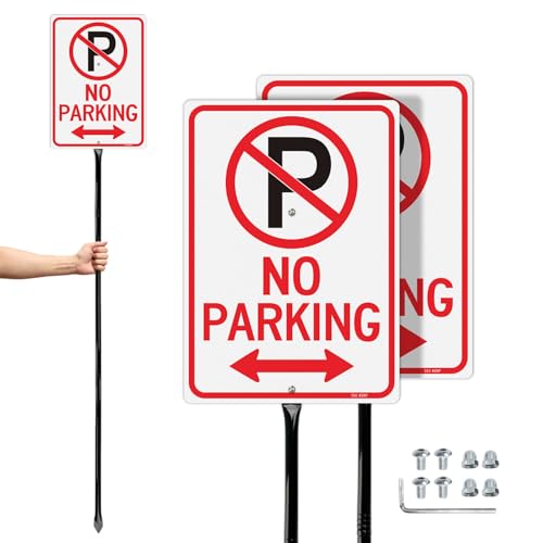 T&R Large No Parking Signs with 54" Stake - 2 Pack - 14"x10" .040 Rust Free Aluminum, Reflective, Waterproof and Fade Resistant, 2 pre-drilled holes, Includes Matching Screws & Wrench, Easy to Mount