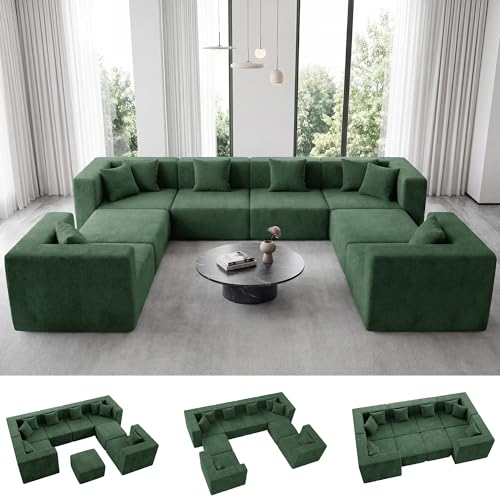 Image of MONVANE Modular Sectional Sofa, Oversized 8 Seat Convertible U Shaped Couch with Ottoman, Comfy Teddy Velvet Cloud Couch with Deep Seat, Sectional Couches for Living Room, No Assembly Required, Green