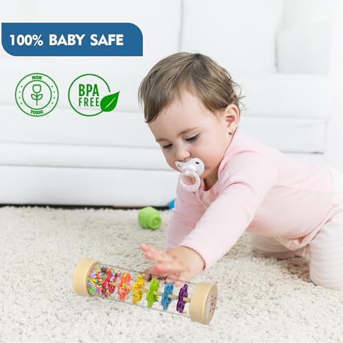 Image of Rain Stick Montessori Baby Toys for 6-12 Months 1 Year Old, Wooden Rainmaker Infant Musical Sensory Toy, Baby Shower Gift for Newborn Toddler Boys Girls, 7.7 inch