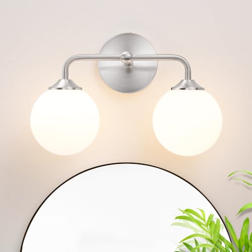 Image of Modern Brushed Nickel 2-Lights Bathroom Vanity Lights, Bathroom Lighting Fixtures Over Mirror with Milk White Globe Glass Shade, Elagant Wall Sconces for Dressing Table Bedroom Living Room