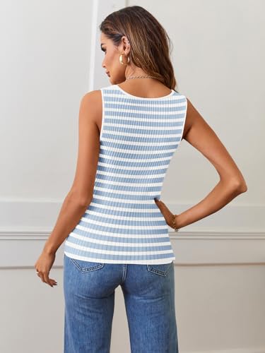 Image of MEROKEETY Women's Summer Square Neck Tank Tops | Sleeveless, Ribbed Knit, Striped Pattern, Slim Fit, Stretchy Soft Sweater Vest Casual Work Outfits
