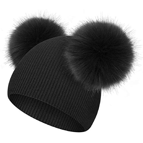 UMIPUBO Bonnets Enfants Chapeau d'hiver Pompons Chapeaux bébé Beanie en Tricot Chaud Garçon et Fille Hats (Noir)