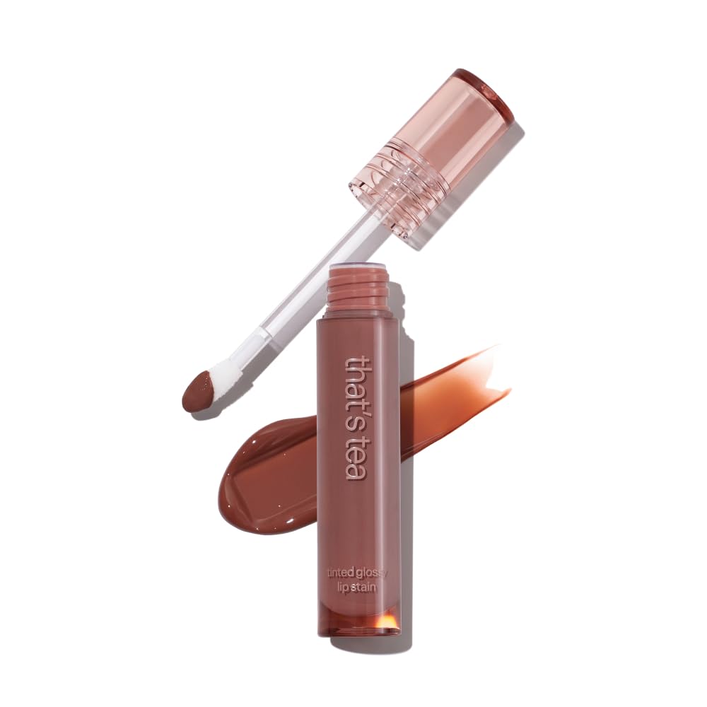 Glossy Lip Stain – Plumping Hydrating Lip Oil Tint with Hyaluronic Acid & Peptide Complex – Non-Sticky High Shine Pigmented Finish – That’s Tea (Brown) 0.11 oz.