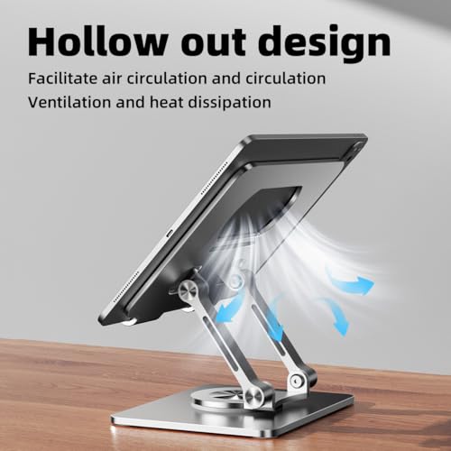 Image of iPad Holder Stand, Tablet Holder with Thickened 360 Rotating Base Dual Rod Adjustable Aluminum Stand for All 4-12.9'' iPad Surface Samsung Phone Tablet Kindle E-Reader and More, Silver