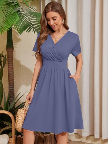 Image of Heymoments Womens Summer Short Sleeve Casual Dresses V-Neck Beach Dress with Pockets S-2XL