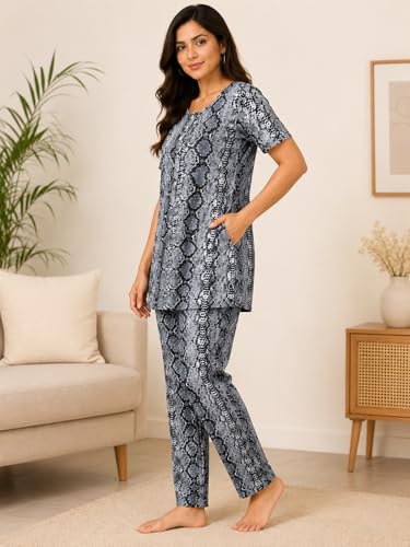 Image of KIAWAH Women Printed Night Suit Set, Cotton Blend Night Suit, A-Line Top and Pajama Set, Soft and Breathable Night Wear