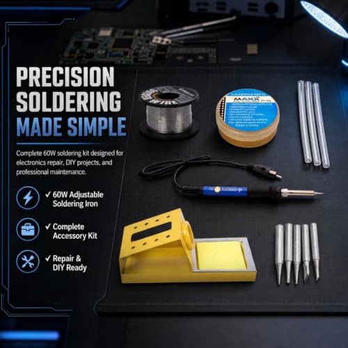 Image of 60W Adjustable Temperature Soldering Iron Kit | 5 Copper Tips | Soldering Stand With Sponge | Solder Wire Flux Paste | Electronics Repair Tool Set | Includes Glue Sticks | Pack of 12