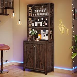 DWVO 67 Tall Wine Bar Cabinet for Liquor and Glasses Farmhouse Kitchen Cabinet Coffee Bar with Adjustable Shelves Open Storage Shelves Buffet Kitchen Cabinet for Dinning Room Kitchen Brown