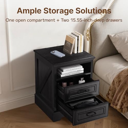 Image of Eongdon Nightstand with Charging Station, 18 inchW x 24 inchH Farmhouse Rustic Bedside End Table , 2 Storage Storage Drawers & Open Compartment, Wooden Side Cabinet for Bedroom, Entryway, Living Room (Black)