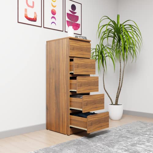 Image of VIKI Dresser with 5 Drawers, Chest of 5 Drawers,Clothes Storage, Organizer Unit for Bedroom, Hallway, Entryway,Easy Pull Drawers, Width 40cms, Brussel Walnut Colour | 1 Year Warranty