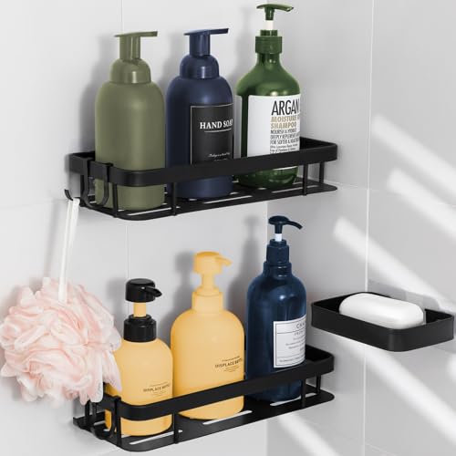 MJXKBB Shower Caddy,3 Pack Shower Shelf for Inside Shower,Rustproof Aluminium Bath Organizers,No Drilling Shower Shelves with Soap Holder for Bathroom,Bathtub,Kitchen(Black)