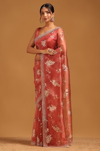 Image of Soch Womens Organza Floral Saree With Stone Work