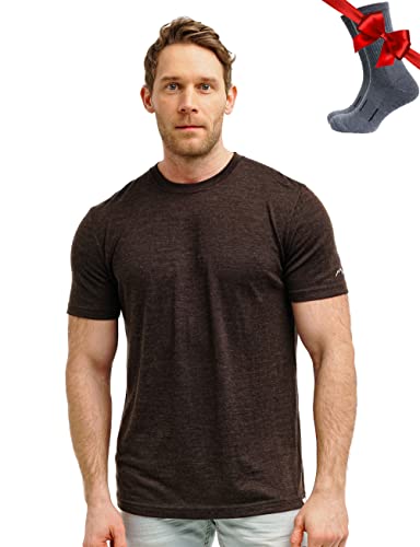 Premium Merino Shirt Herren Kurzarm - Thermooberteile 100% Merino Unterwäsche Herren + Wanderwollsocken (Large Metal Grey)