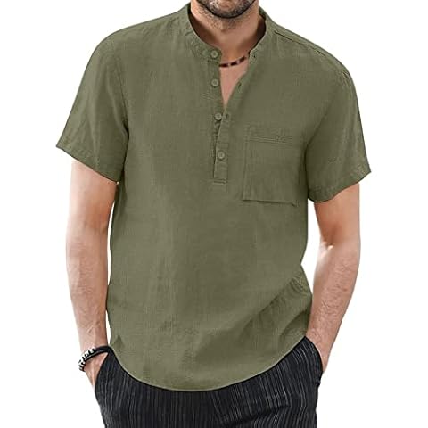 Amazon Brand - Hikaro Men's Cotton Linen Henley Shirt Long Sleeve Hippie Casual Beach T Shirts (L, Army Green) Cover