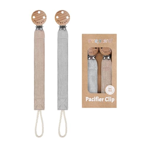 Image of TYRY.HU Ribbon Pacifier Clip Holder,2 Pack Binky Paci Holder Clips, Pacifier Leash for Baby Boys and Girls, Soft Webbing Strap Universal Fits for Most Pacifier, Styles & Teethers Toys(Khaki,Grey)