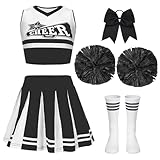 PIXUYE Deguisement Pompom Carnaval Girl Costume Cheerleader Fille avec Barrette Nœud Bâton de Majorette Pompons et Chaussettes, Cheerleader Uniforme pour Halloween Carnaval Fêtes,Black 140