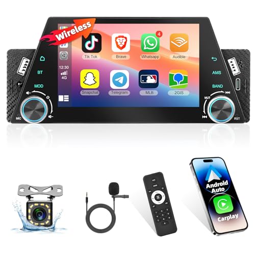 Radio de Coche 1 DIN con CarPlay inalámbrico/Android Auto, Reproductor Multimedia Bluetooth Podofo de 5 Pulgadas con Control de Voz/FM/TF/USB/AUX/SWC+Control Remoto+cámara de Marcha atrás 12 LED