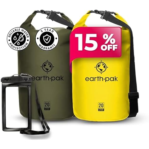 Earth Pak Waterproof Dry Bag - Roll Top Waterproof Backpack Sack (20L Green & 20L Yellow) Cover