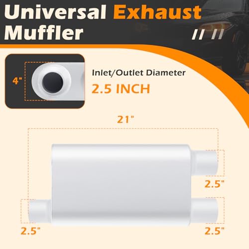 Image of A-KARCK Universal Exhaust Muffler 2.5 inch Center Inlet 2.5 inch Dual Outlet, 21 inch Overall Length Aluminized Steel Aggressive Sound Race Muffler for Cars, Trucks