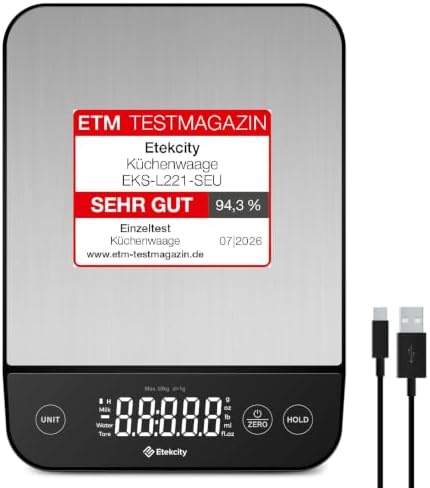 Etekcity 10kg Küchenwaage Digital - Edelstahl Waage Küche mit USB-Aufladung | Große Plattform 230x170mm, Kitchen Scale 1g genau-Tara und Hold Funktion-Präzisionswaage für Küche, Ko