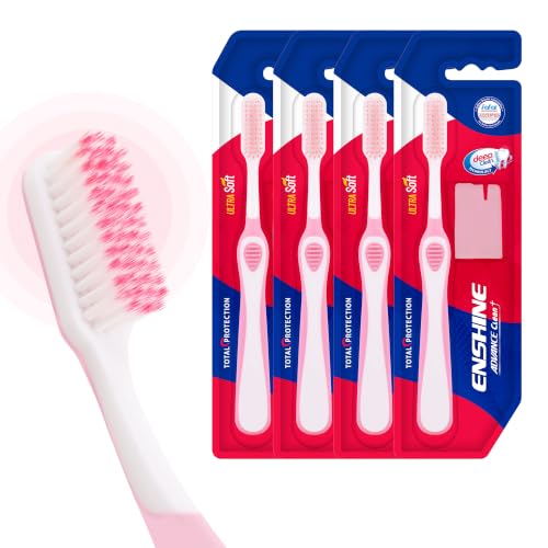 Image of Enshine Advance Clean+ Soft Toothbrush for Adults - Pack of 4 | Ultra Soft Tapered PBT Bristles | Tooth Brush Set with Non-Slip Grip | Manual Toothbrushes for Sensitive Gums & Enamel | Pink Color