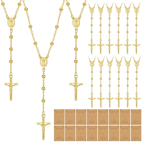 Kenning 24 Pcs Assumption of Mary Rosarios Catolicos with 24 Cards Virgin Mary Gold Beaded Rosary Bulk Religious Cross Necklace Jewelry for Catholic Souvenir Church Ceremony Accessory(Gold)