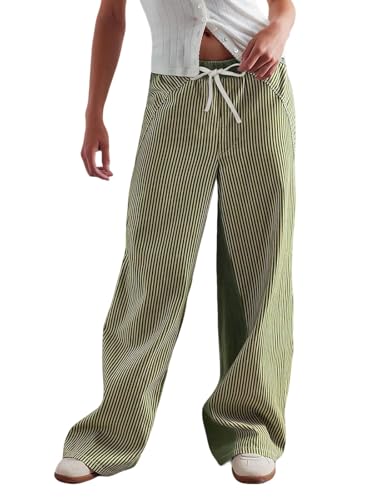 utcoco Women's Y2K Low Rise Striped Jeans Baggy Wide Leg Drawstring Denim Pants Patchwork Trousers