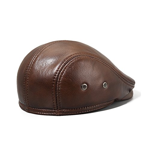VEMOLLA Men's Real Cowhide Leather Beret Hunting Cap Beanie Trucker Cap Mens Sports Hat Ancient Brown L - Thumbnail 7