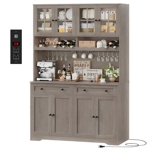 Image of HOSTACK 75.4 inch Tall Kitchen Pantry Cabinet with Charging Station, Modern White Kitchen Hutch with Microwave Stand and Wine Rack, Large Food Pantry Storage Cabinet with Glass Doors and Drawers, Ash Gray