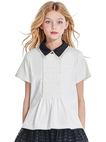 Girls White Polo Shirt with Black Peter Pan Collar and Lace Trim,Uniform Style for 6–16Y