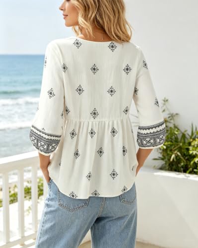Image of Vivilli Womens Summer Boho Babydoll Tops 3 /4 Sleeve Pleated Peplum Blouses Casual V Neck Tie Front 2026 Tunic Tops