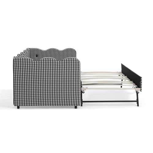 KEIKI Twin Size Upholstery Gingham Daybed with Trundle and USB, Black
