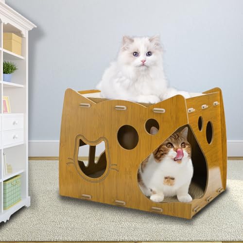 WRINGKIT 2-Level Cat Scratcher House, 2 in 1 Cat Cardboard House with Scratching Pads, Sturdy Cat House Lounge for Indoor Cats to Rest and Hide, Maximum Load Capacity 66 Lbs