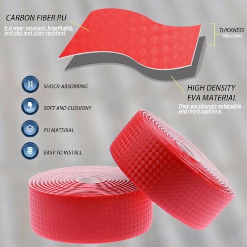 KINGOU Red Carbon Fiber PU Leather Road Bike Handlebar Tape Bicycle Wrap Tapes - 2PCS Per Set