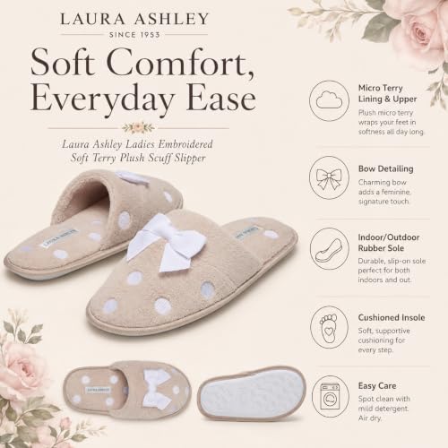 Image of Laura Ashley Ladies Embroidered Soft Terry Plush Scuff Slipper