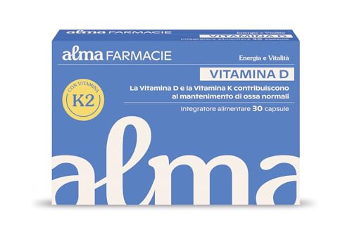 Vitamina D Alma Farmacie, Integratore Alimentare per il Mantenimento della Salute delle Ossa e il Normale Funzionamento del Sistema Immunitario, con Vitamina K2, 30 Capsule