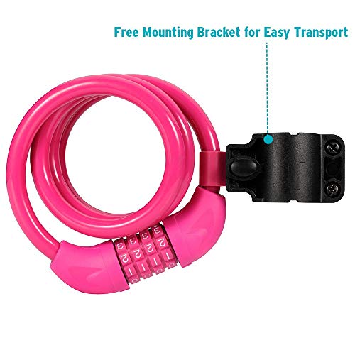 Titanker Bike Lock, 4 Feet Security Resettable Combination Coiling Bike Cable Locks With Mounting Bracket, 1/2 Inch Diameter (Pink) #TOP5