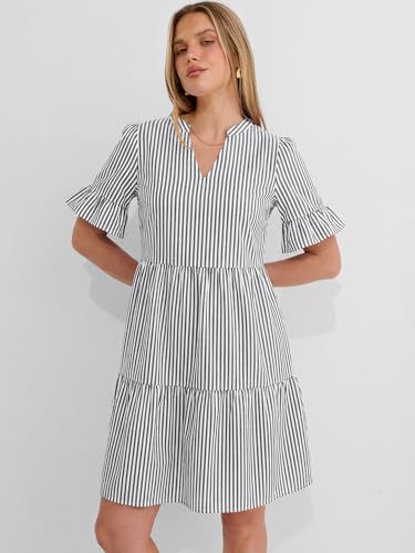 Image of Caracilia Dresses for Women Summer 2026 Striped V Neck Ruffle Sleeve A Line Tiered Flowy Casual Mini Beach Dress with Pockets