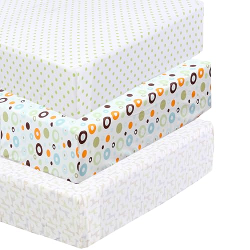 Danica Sábana bajera ajustable 100% algodón para cuna de bebé, paquete de 3 para bebés y niñas, sábanas estándar para cuna y niños pequeños, 28 x 52 pulgadas (3 unidades, punto de jirafa