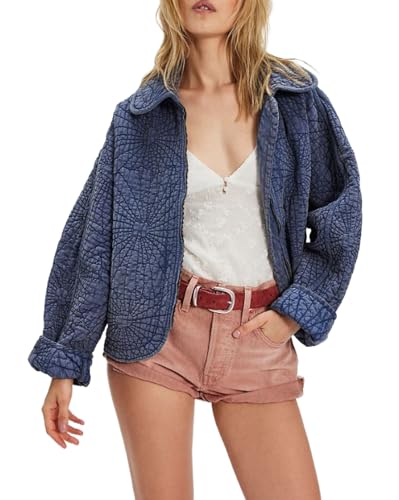 CHARTOU Women's Quilted Lightweight Jackets Puffer Stitch Floral Dolman-Sleeve Zip Up Collar Coat Cute Top