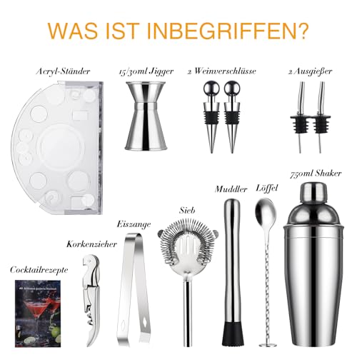 Cocktail Shaker Set, Edelstahl Cocktail Set mit 12 teiligem Bar Zubehör, 750ML Shaker Barkeeper Set mit Ständer, Cocktail Maschine Bar Set für Zuhause, Geschenke für Männer Dad Barkeeper (Silber)