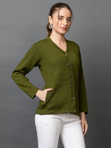 Image of Wear lusso Women's Woolen V-Neck Buttoned Full Sleeve Cardigan Self Design Soft Wool Fabric Winter Wear Pure Wool Sweater with Pockets Stylish Outdoor and Office Wear Girls