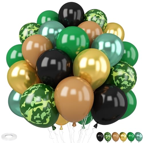 Image of Green Brown Camo Balloons, 30Pcs 12inch Camouflage Brown Dark Green Black Metallic Gold Silver Balloons For Party Decorations Birthday Party Hunting Camping Jungle Themed Supplies