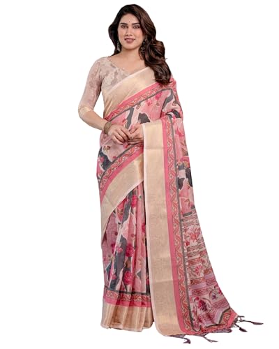 Image of ALMAARI FASHION Handloom Cotton Linen Saree for Women with Floral Printed Design and Tassel Pallu, Traditional Ethnic Lightweight Saree for Daily Office Festive with Blouse Piece