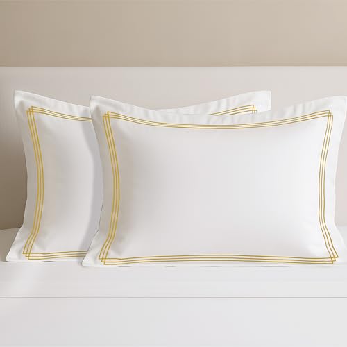 Image of Pure Cotton 500 TC Solid Pillow Cover Set | Greek Embroidered Pillow Cover Set | Percale Weave | 18 X 27 Inches (2, White - Triple Golden)