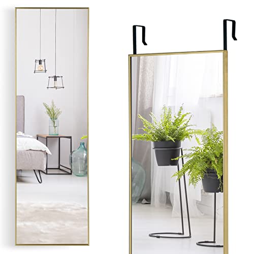 RELAX4LIFE Miroir Accroche Porte 120x37cm Cadre Alliage d'Alu Verre Antidéflagrant, Miroir Porte Suspendu pour Chamre Vestiaire Entrée (Doré)