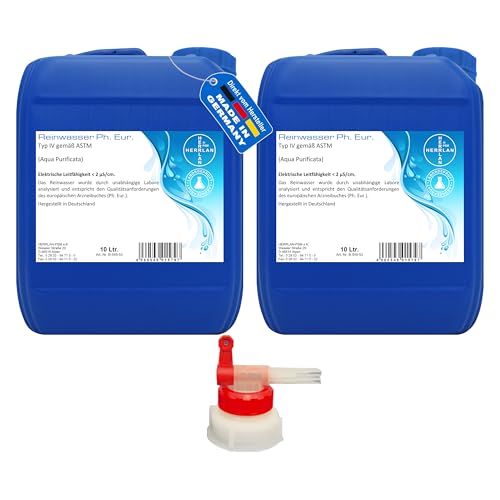 Agua pura tipo 1 – Aqua Purificata – Agua destilada 20 litros / 2 bidones de 10 litros incluye 1 agua de laboratorio AGH I de calidad HERRLAN. Fabricado en Alemania