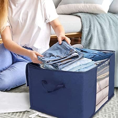 Set of 3 Pieces Foldable Underbed Clothes Storage Bag | Cover/Cloth Storage/Closet Organizer with Transparent Window |59.9 x 42.9 x 35.1 (Blue)