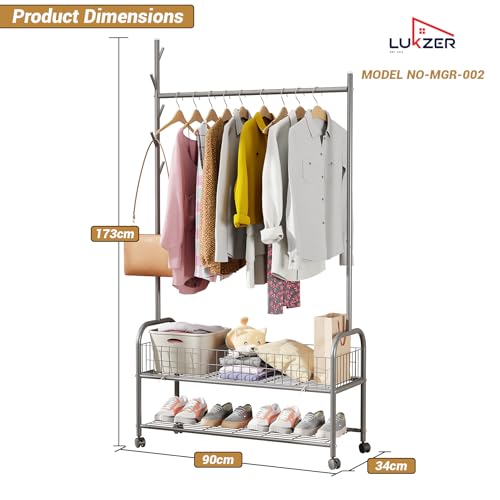 Image of Lukzer | MGR-002 | Grey | Metal Cloth Stand & Garment Rack with Wheels, 2 Bottom Shelves & Single Rod - Space-Saving Clothes Organizer for Bedroom, Bathroom, Office & More | 173 x 90 x 34 cm