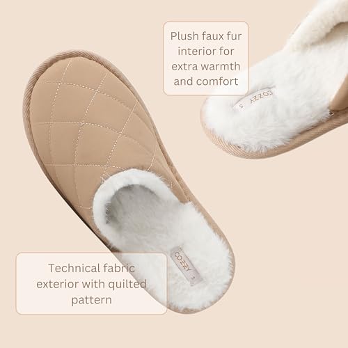 COZZY women’s faux fur slippers with chic quilted technical fabric exterior, warm and cozy slip on indoor outdoor women's slippers with memory foam and anti-slip sole for everyday4